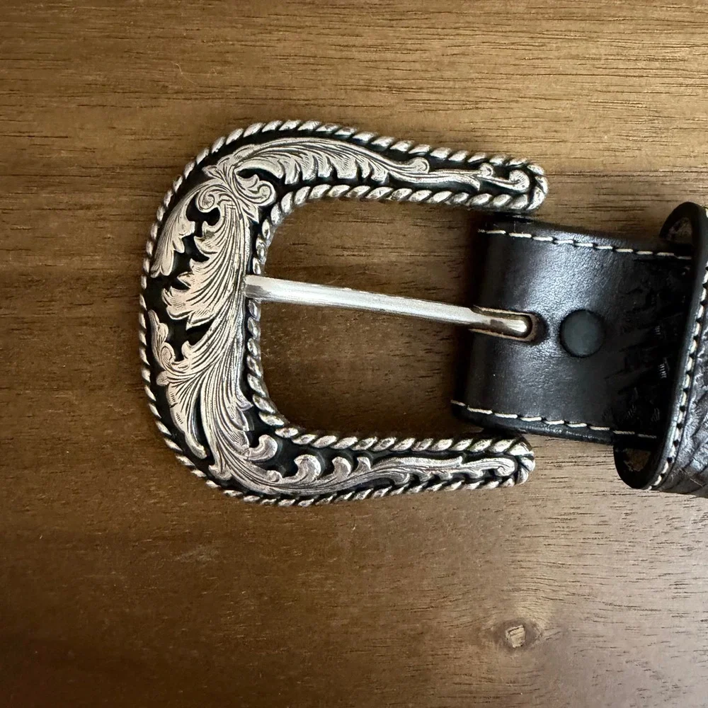 Justin Belt 32 Men Black Leather Basketweave Western Concho Silver Buckle USA